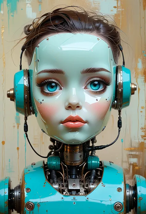 full view. little funny robot, porcelain face and head, large turquoise eyes, perfect eyes, top quality style. beautiful cinemat...