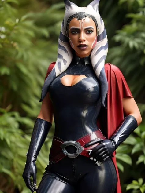 ahsoka, helmet with red visor, cape, armor,black gloves,tight latex bodysuit,black cape,black pants, break close-up, solo, stand...