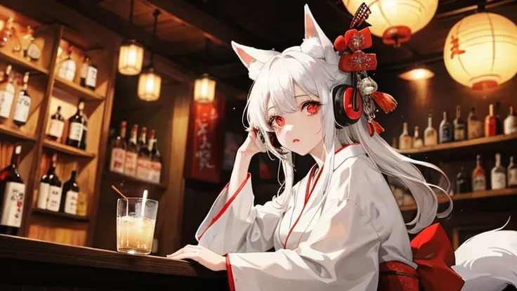 In a bar amid the rubble, a white-haired girl wearing a fox mask drinks alcohol from a sake cup..,red eyes,japanese kimono,moon,Listening to music through headphones,