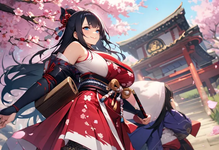 ｛creation、high quality、Highest image quality、4K｝、beautiful woman with big breasts、black hair、blue eyes、japanese samurai、long hair、smile、cherry blossoms、