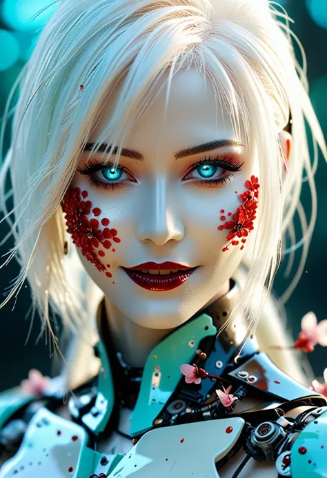 Full length view. ((Audacious aggressive cyborg killer with a closed processor. Crazy smile on the face drops of blood on the body, porcelain face and head. Long flowing white hair, big turquoise eyes, perfect eyes, best quality)). Visual Kay Fashion, goth...