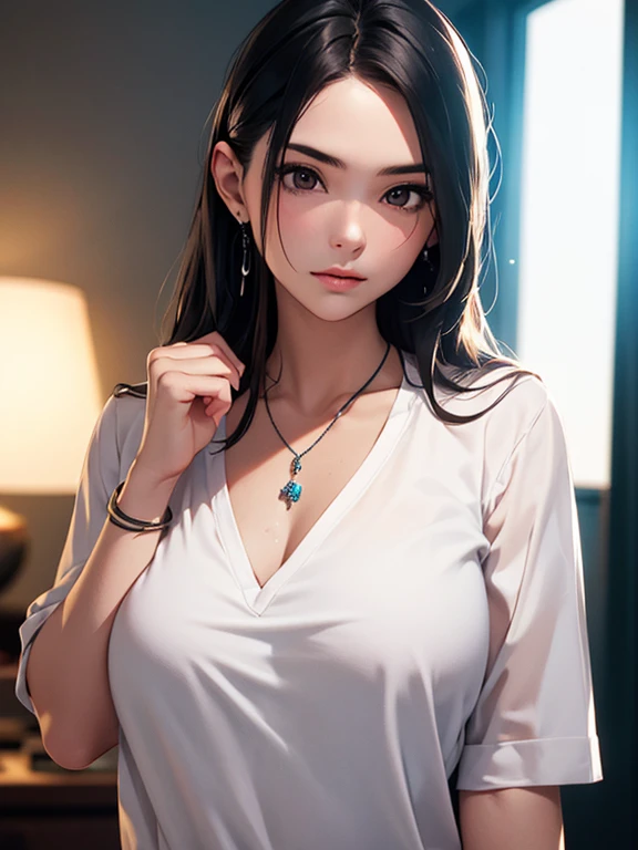 best quality, masterpiece, High resolution, a girl, Men&#39;s white shirt, necklace, jewelry, pretty face, big breasts, more than_Body, Tyndall effect, lifelike, dark studio, edge lighting, two-tone lighting, (HD skin: 1.2), 8K Ultra HD, SLR camera, soft l...