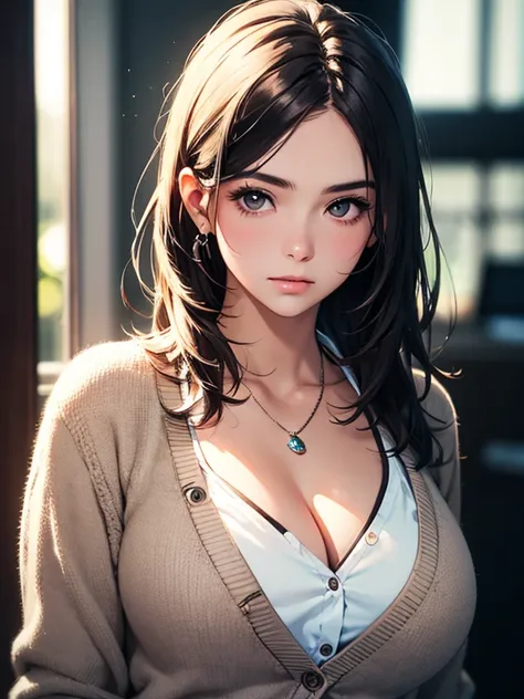 best quality, masterpiece, high resolution, a girl, white collar shirt, (cardigan), necklace, jewelry, pretty face, big breasts,...