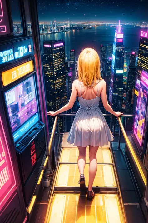 highest quality、A woman looking at the neon lights of a big city from a high place、back view