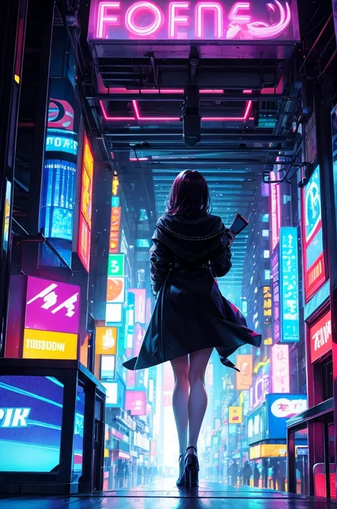 highest quality、A woman looking at the neon lights of a big city from a high place、back view