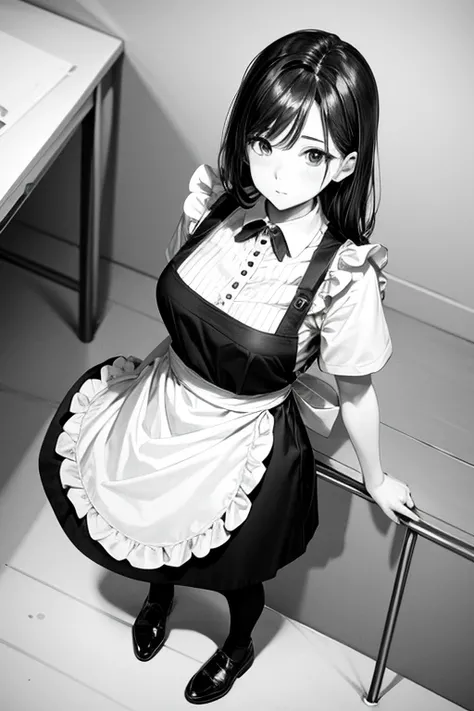 monochrome,masterpiece,illustration, best quality, best aathetic,woman,full body,
apron,45 years old,
pants,
solo,standing,long shot,Low angle and full shot, overhead shot,from above,white background,