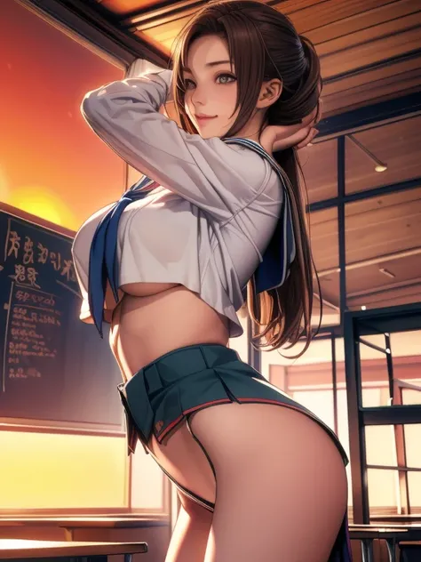 (Photorealistic, masutepiece, Best Quality, Raw photo:1.3)、1girl in, 18years old,Solo,school girl, Long hair, Brown hair, Detailed face, alluring face, Detailed beautiful eyes, medium breasts,(underboob:1.3),(coverd nipples:1.1),(loos sailer uniform :1.35)...