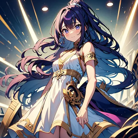 highest quality,(highest quality)),((table top)),((perfect face)),(background blur),A girl wearing a white and light blue dress,purple eyes,purple hair, full body, ponytail,Brave,small breasts,fantasy