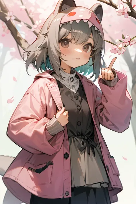 short gray hair, blush, spring clothes、cute、Tyrannosaurus costume