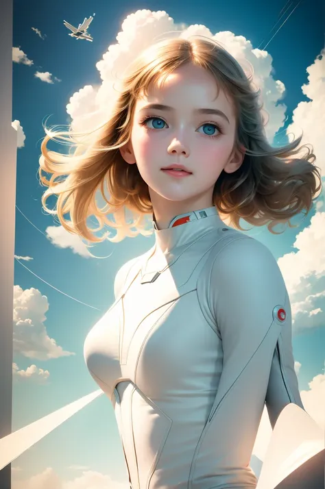 masterpiece, best quality, movie still, 1girl, floating in the sky, cloud girl, cloud, (close-up:1.1), bright, happy, fun, soft lighting, (Bauhaus, shapes, lines, abstract:1.1)