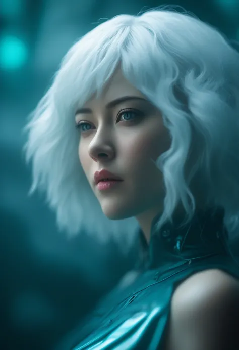 Full-length view. (full-length shot, wide angle, centered, no cropping) AR 9:16 - from 1:2 ((Motoko Kusanagi - Ghost in the Shell, porcelain face and head. Long flowing white hair, large turquoise eyes, perfect eyes, best quality)). Visual Kay Fashion, got...