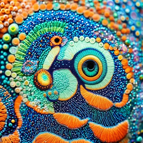 A mesmerizing 3D render of a dot art portrait, showcasing a beautiful, abstract owl. The owls face is masterfully composed with a gradient of vibrant blue, green, and orange hues, creating a stunning visual contrast. The eyes are captivating, each one a un...