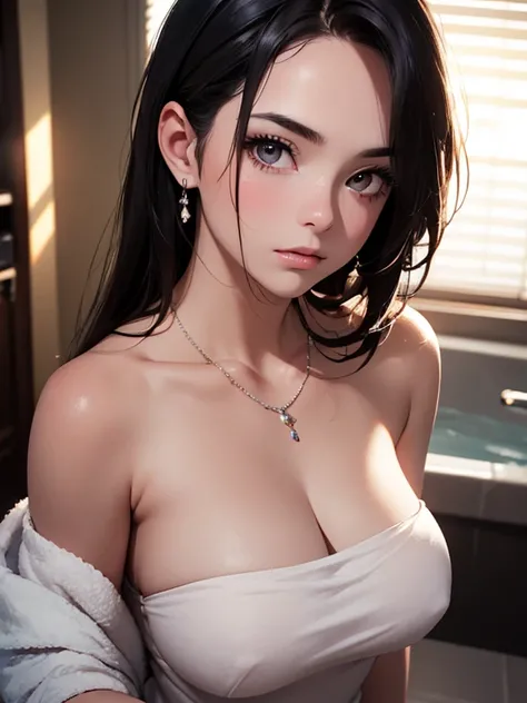 best quality, masterpiece, High resolution, a girl, bath towel, necklace, jewelry, pretty face, big breasts, more than_Body, Tyndall effect, lifelike, dark studio, edge lighting, two-tone lighting, (HD skin: 1.2), 8K Ultra HD, SLR camera, soft light, high ...