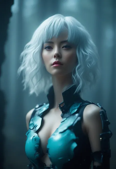 Full-length view. (full-length shot, wide angle, centered, no cropping) AR 9:16 - from 1:2 ((Motoko Kusanagi - Ghost in the Shell, porcelain face and head. Long flowing white hair, large turquoise eyes, perfect eyes, best quality)). Visual Kay Fashion, got...