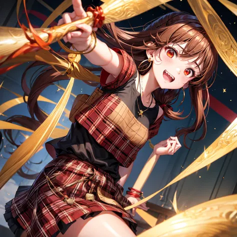 reddish-brown golden hair、red eyes、one good looking girl、solo、anime、plaid mini skirt、black camisole、black t-shirt、dress、wearing a ribbon、ribbon at waist、crystal earrings、jewelry necklace、Light and shadow、tilting one&#39;s face、teeth are visible、pillar、torc...