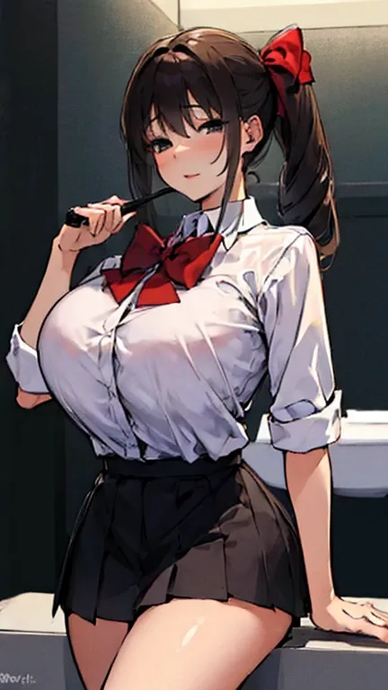 (in the dark:1.6) , Soak in hot tub, school girl Soak in an dark bathroom hot tub , red knot , red bow , white Shirt , big breasts , big tits