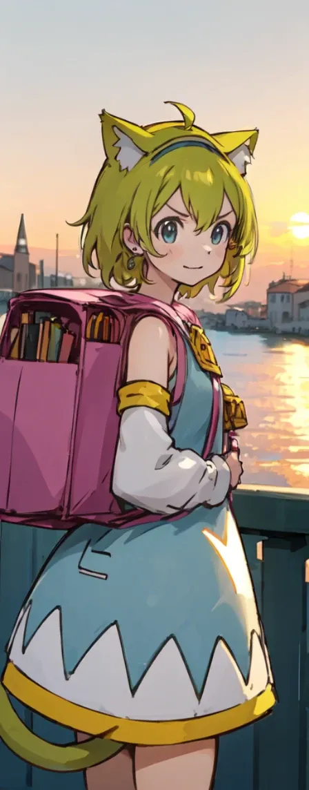 ,1girl, solo, green hair, open mouth, cat ear, tail, detached sleeves, dress, clothes, backpack, randoseru, Venezia, beautiful city with a view of the ocean, sunset, she is watching the sunset,