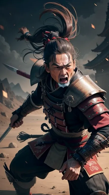 Realistic ultra HD，A samurai, Wrinkles ,Facial expressions show strong emotions , fighting in a battle , full body appearance 