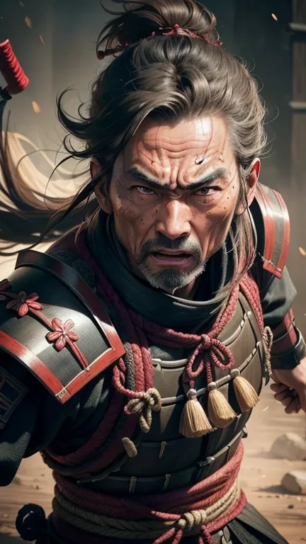 Realistic ultra HD，A samurai, Wrinkles ,Facial expressions show strong emotions , fighting in a battle , full body appearance 