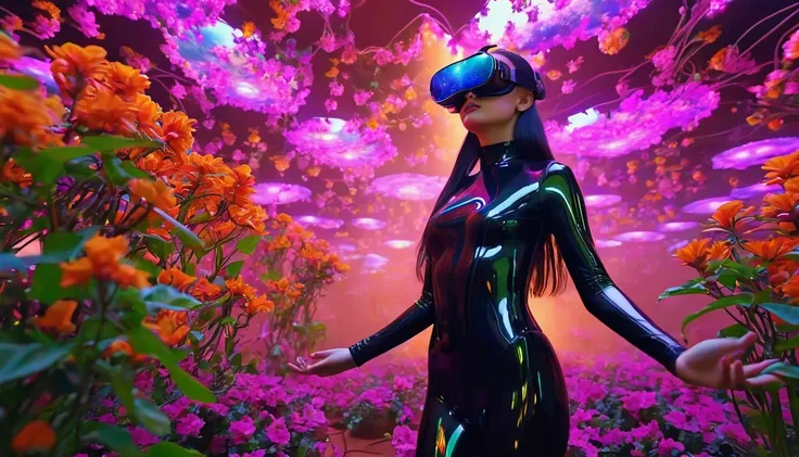 A beautiful woman with long hair is dressed in a futuristic black bodysuit with LED lights.、Purple gas clouds floating in space emitting fantastic light、Put on virtual reality sunglasses、He is meditating with a shining controller in his hands.。around her、B...