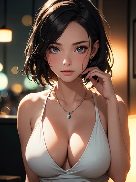 best quality, masterpiece, High resolution, a girl, teacher, necklace, jewelry, pretty face, big breasts, more than_Body, Tyndall effect, lifelike, dark studio, edge lighting, two-tone lighting, (HD skin: 1.2), 8K Ultra HD, SLR camera, soft light, high qua...