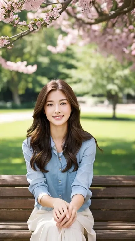 Sitting on a quiet park bench、Young woman with natural beauty。She has long brown hair、Characterized by kind eyes and a gentle smile。The clothes she wears are simple and elegant、Gives a casual yet sophisticated look。Trees around々is overgrown with々and flower...