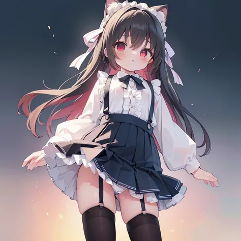 Highly detailed CG integrated 8k wallpaper, Very detailed 8KCG wallpaper, absurd， ，highest quality ，super detailed ，beautiful face ，wing，(((a girl is standing)))  ，1 girl, solo,hair between eyes, bangs,頭からchestまで、(((A mini skirt with suspenders and frills)...