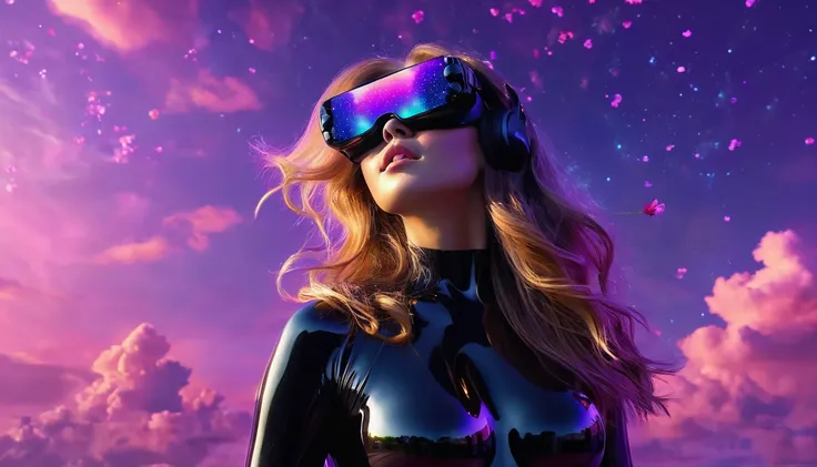 masterpiece, 最high quality, f/1.8, UHD, masterpiece, Accurate, high detail, high quality, High resolution, A beautiful woman with long hair is dressed in a futuristic black bodysuit with LED lights.、Purple gas clouds floating in space emitting fantastic li...