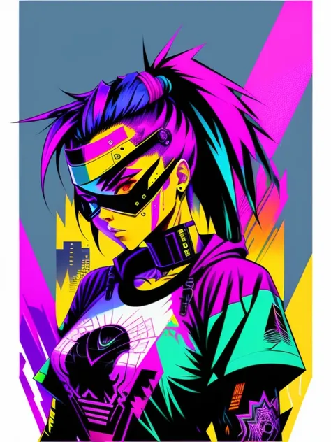 Ready to print vector t-shirt art colorful graffiti illustration of a cyberpunk ninja robotic woman, fundo futurista da cidade cyberpunk, estilo de imagem realista, imagem em fundo branco, centrado