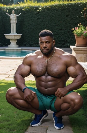  a Nubian man over 70 years old, extremely muscular and very fat ,de mas de 300 libras de peso,con pectorales grandes con pezones grandes y puntiagudos,  with muscles flexed, culturista,de cabello largo y ondulado, in an outside garden of a Florentine pala...