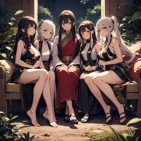 A group of priestess, (in forest), various hair styles, harem, wearing ceremonial clothes, night, details face, beautiful legs, sleeveless, seducing, 