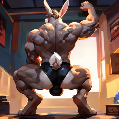 Medium muscular, rabbit, light gray, light gray rabbit, rabbit in underwear, black underwear, box underwear, long ears, from back, back view, posing, with short tail, tail, rabbit tail, bunny, bunny tail, anatomy, good anatomy, perfect anatomy, male anatom...