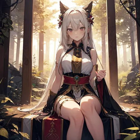 A group of priestess, (in forest), various hair styles, harem, wearing ceremonial clothes, night, details face, beautiful legs, sleeveless, seducing, 