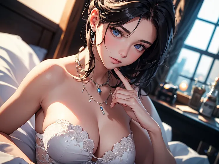 best quality, masterpiece, High resolution, a girl, gorgeous wedding dress, necklace, jewelry, pretty face, big breasts, more than_Body, Tyndall effect, lifelike, dark studio, edge lighting, two-tone lighting, (HD skin: 1.2), 8K Ultra HD, SLR camera, soft ...