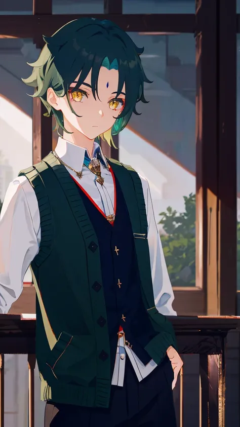 1 boy,dark green hair,highest quality,masterpiece,excessive,male focus,yellow eyes,beautiful eyes,beautiful boy,student,cutter shirt,cardigan,