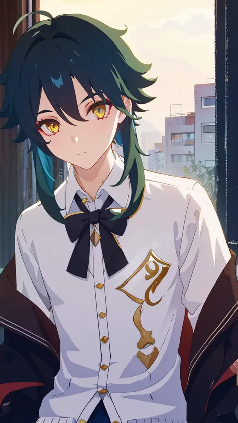 1 boy,dark green hair,highest quality,masterpiece,excessive,male focus,yellow eyes,beautiful eyes,beautiful boy,student,cutter shirt,cardigan,