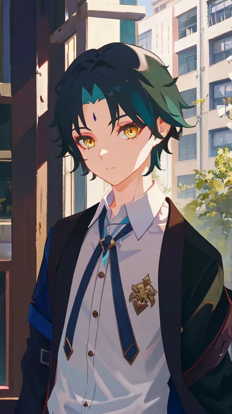 1 boy,dark green hair,highest quality,masterpiece,excessive,male focus,yellow eyes,beautiful eyes,beautiful boy,student,cutter shirt,cardigan,