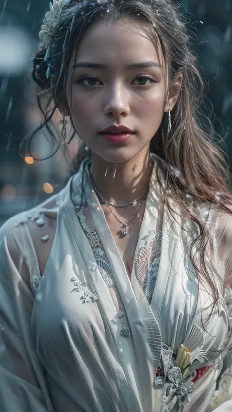 (RAW shooting, Photoreal:1.5, 8K, highest quality, masterpiece, ultra high resolution), ((((heavy snow, Blizzard)))), Highly detailed skin and facial textures:1.3, perfect dynamic composition:1.2, (In front of a shrine at night in a modern city, expression...