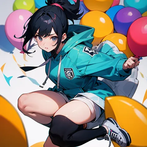 black hair、girl、ponytail、hoodie、sneakers、balloon