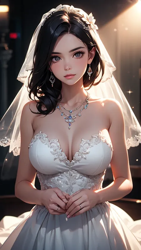 best quality, masterpiece, High resolution, a girl, gorgeous wedding dress, necklace, jewelry, pretty face, big breasts, more than_Body, Tyndall effect, lifelike, dark studio, edge lighting, two-tone lighting, (HD skin: 1.2), 8K Ultra HD, SLR camera, soft ...