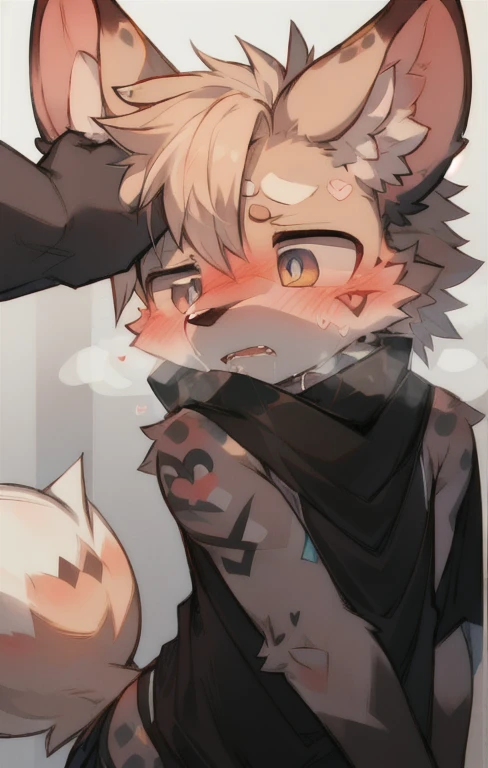 furry,fur,body fur,Frightened，milk ice cream，棕色fur，hyena，dog ears，dog nose，furry tail，tattoo，black scarf，Slobber，blush