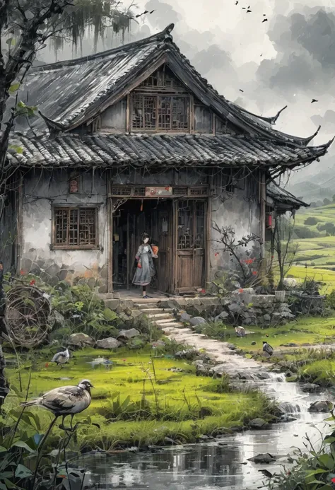 girl stand in front of house, countryside, ink style, best quality, masterpiece, very aesthetic, perfect composition, intricate details, ultra-detailed