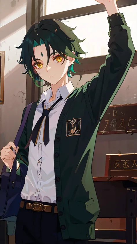 1 boy,dark green hair,highest quality,masterpiece,excessive,male focus,yellow eyes,beautiful eyes,beautiful boy,student,cutter shirt,cardigan,