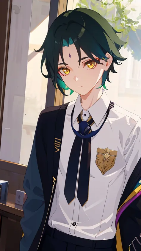 1 boy,dark green hair,highest quality,masterpiece,excessive,male focus,yellow eyes,beautiful eyes,beautiful boy,student,cutter shirt,cardigan,