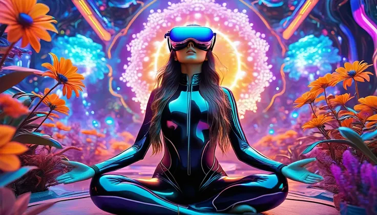 Beautiful woman with long hair,Future,Black mechanical bodysuit,Zazen,meditation,aura,Light,Purple gas cloud,universe,Virtual Reality Sunglasses,Brightly colored plants,Red, orange, blue and purple flowers,Strange creatures,green,pink,yellow,