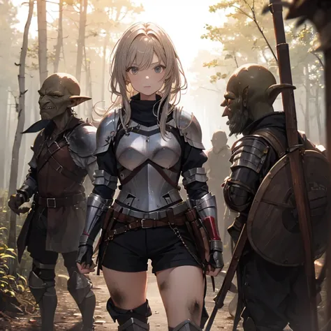 A female knight, (in forest), wearing armored clothes, metal armor, night, details face, , shorts, surrounded by goblins, various weapons, dirty, bdsm, tied wrist 