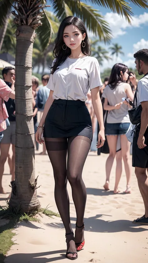 alone, full body,earrings, eyelash, pantyhose,, (beach,(Palm tree),crowd,(white shirt), Floral,red lips),sexy exciting smile,, (shiny skin:1.05),(blush:0.9),(skin dents:1.15),realistic, masterpiece, highest quality, High resolution,disorganized, (perfect f...