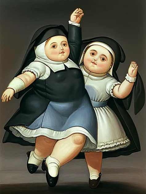 gquality, botero, nun, hands together, looking up, little angels dancing in the background