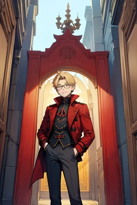 male, blonde short hair, blue eyes, (((1boy))), (((red gothic coat with yellow trim))), (black shirt), (grey pants), (black knee high boots), (glasses), long legs, smiling