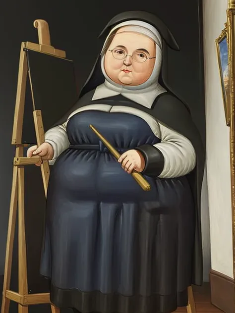 gquality, botero, nun, put a large easel next to it